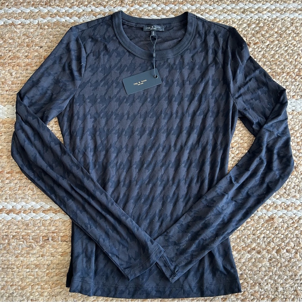 Rag & Bone NWT Valencia Houndstooth Long Sleeve Tee Black Size M - Picture 2 of 7